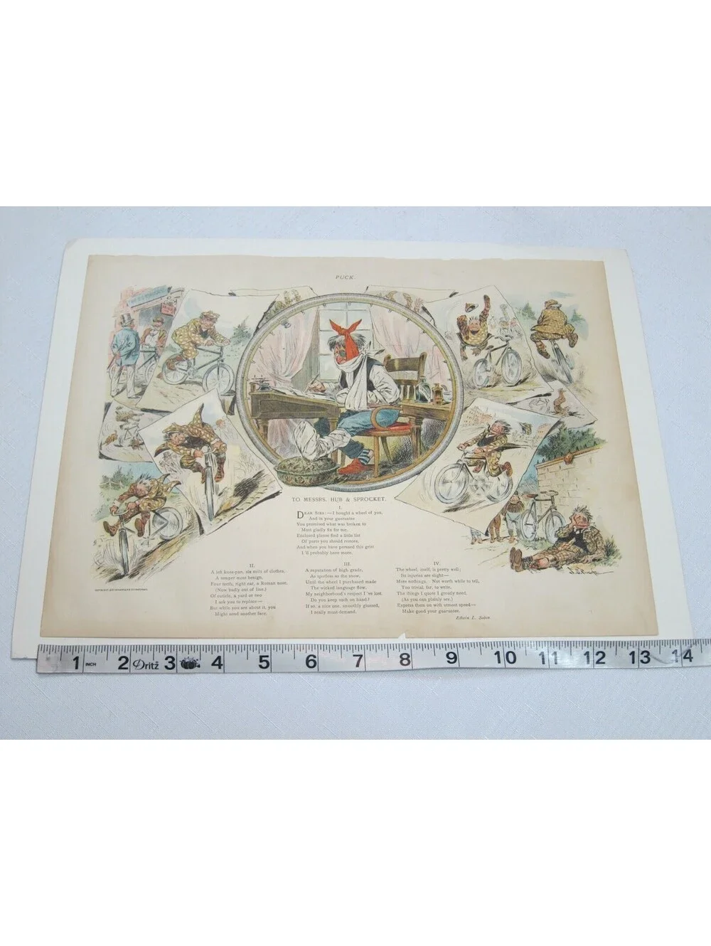 Antique 1897 Puck Magazine Bicycle Cartoon JS Pughe Hub & Sprocket 10x13.5 RARE